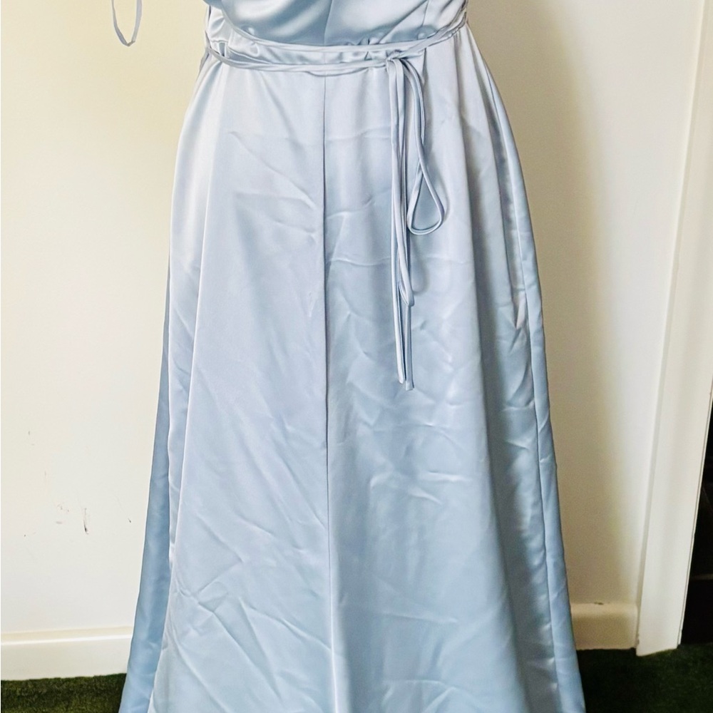 Amsale Bridesmaid Gracia Sz 10 Ice Blue Maxi Wrap Formal Dress - Picture 9 of 14